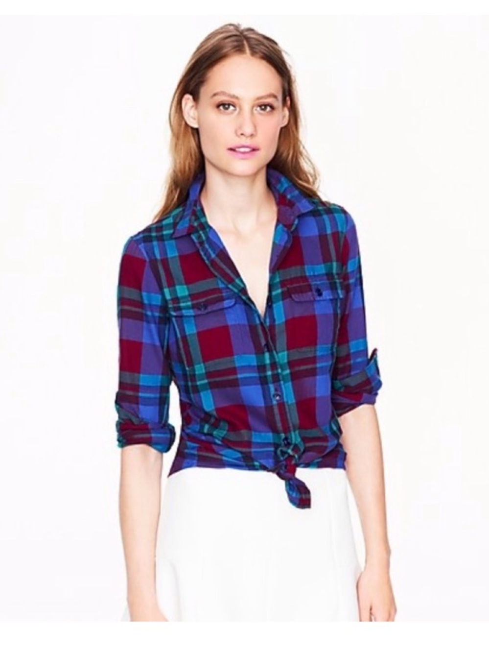 J.Crew Women’s Blue Green Red Garnet Flame Plaid Button-Down Shirt Size 6
